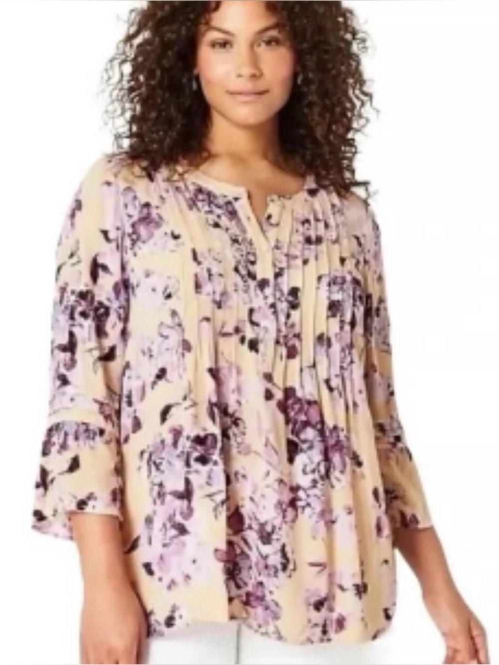J. Till Womens Pintucked Bell Sleeve Floral Blouse Purple Peach 3/4 Sleeve PL